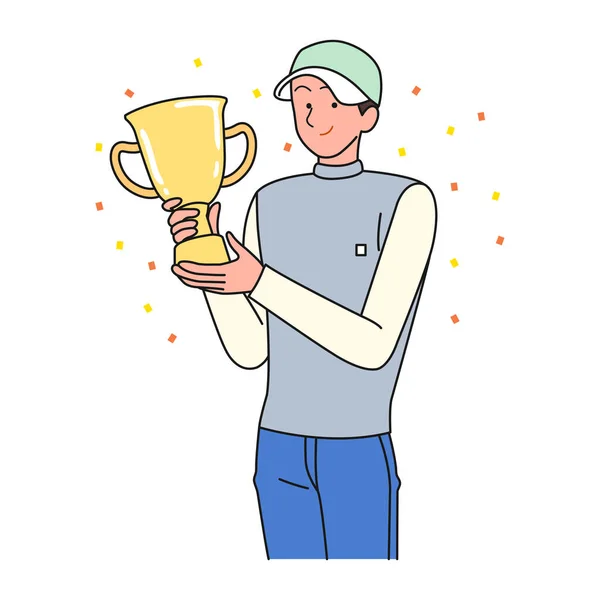 Male Golfer Cap Holding Trophy — Stock Vector