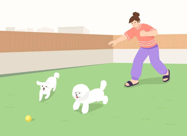 屋上で遊ぶ女性と犬ペットのコンセプトで幸せな生活 — ストックベクタ