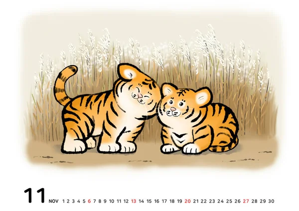 Έτος Τίγρης Δύο Τίγρεις Μωρό Παίζει Στον Τομέα Των Καλαμιών — Διανυσματικό Αρχείο