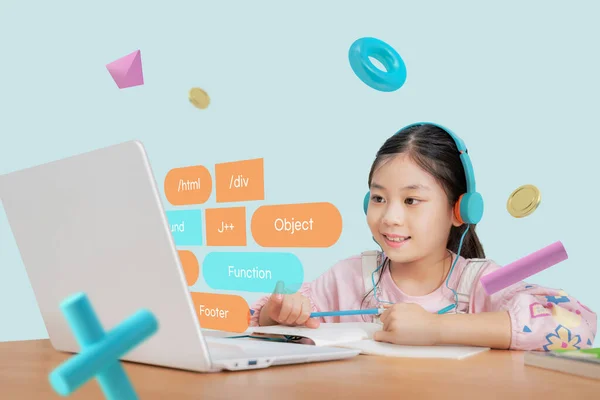 Asian kid learn coding, computer programming