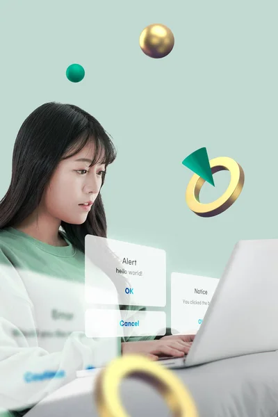 Asian Woman Learn Coding Computer Programming — Stock Photo, Image