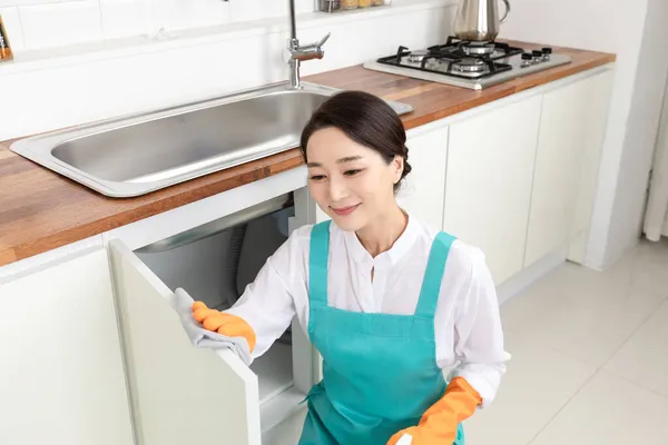 Asian Woman Wearing White Shirt Apron Professional Home Cleaning Service — Stock Photo, Image