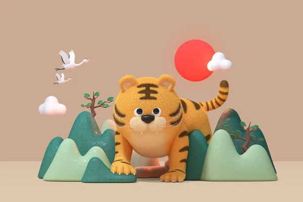3D rendered graphic of cute tiger, year 2022 concept