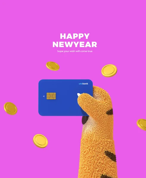 Rendered Graphic Tiger Holding Credit Card Year 2022 Concept — Foto Stock