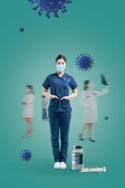 Asian female nurse in mask, covid era new norm poster