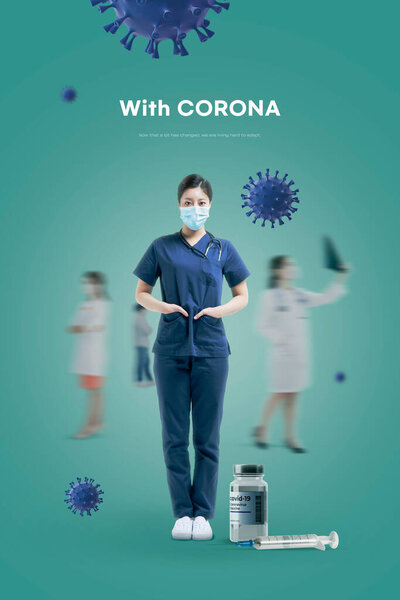 Asian Female Nurse Mask Covid Era New Norm Poster — Stock Photo, Image