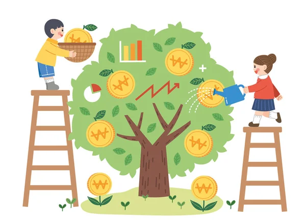 Gyermekek Pénzt Takarítanak Meg Finanszírozzák Gyermekek Pénzügyi Oktatását — Stock Vector
