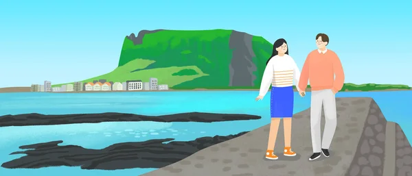 Άνδρας Και Γυναίκα Στην Παραλία Διάνυσμα Εικονογράφηση Φόντο — Διανυσματικό Αρχείο