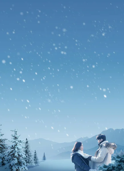 Korean Asian Couple Snowy Mountain Winter Date — стоковое фото