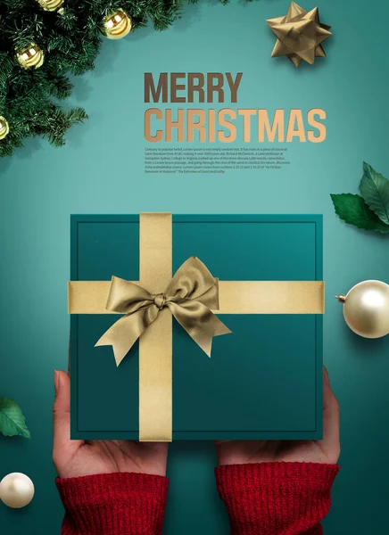Cartaz Natal Com Caixa Presente Mãos — Fotografia de Stock