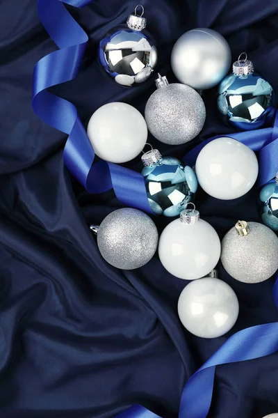 Blue Background Christmas Ornaments Ribbon — Foto Stock