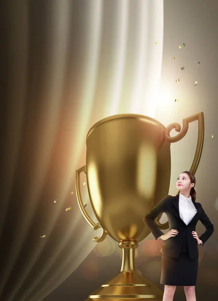 Rendered Graphic Gold Trophy Year End Award Korean Business Woman — Fotografia de Stock