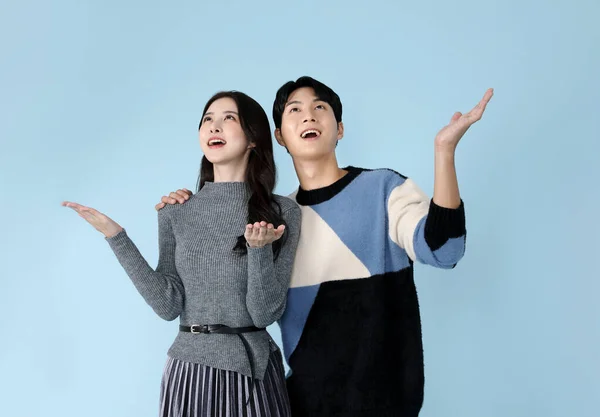 Asian Korean Couple Fashion Studio Background Looking — Stock Photo, Image