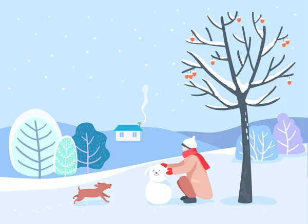 Person Making Snowman Snowy Village Dog Running — 图库矢量图片