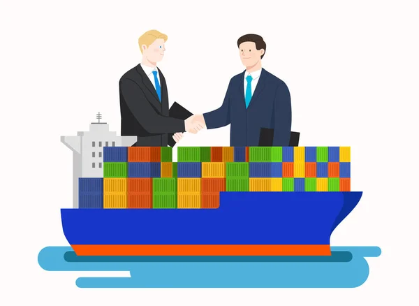 Container Lastfartyg Och Två Män Skakar Hand Affärsidé — Stock vektor