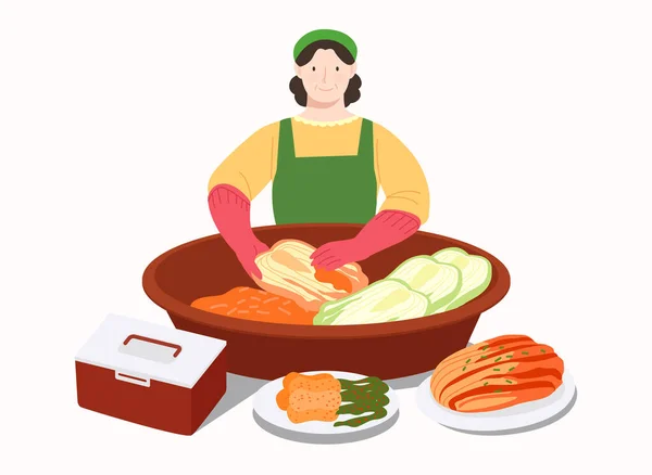 Mujer Coreana Haciendo Kimchi — Vector de stock