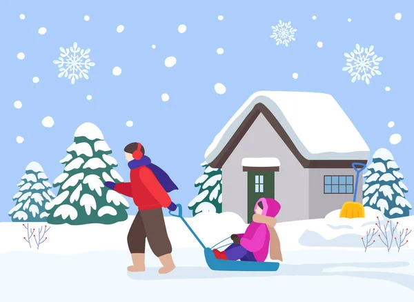 Siblings Boy Girl Riding Snow Sleed — 图库矢量图片