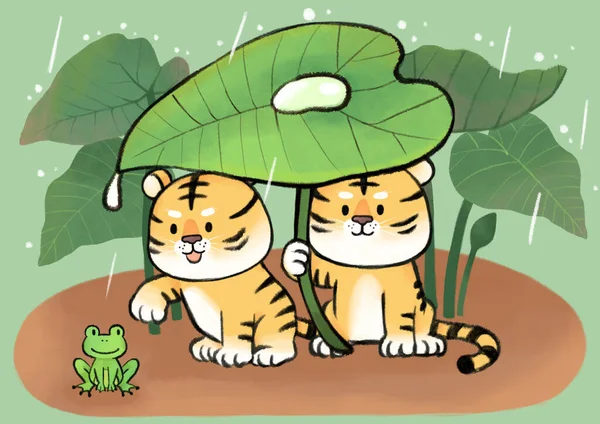 Deux Personnages Tigre Mignon Concept Mois Reposant Sous Feuille Lotus — Image vectorielle