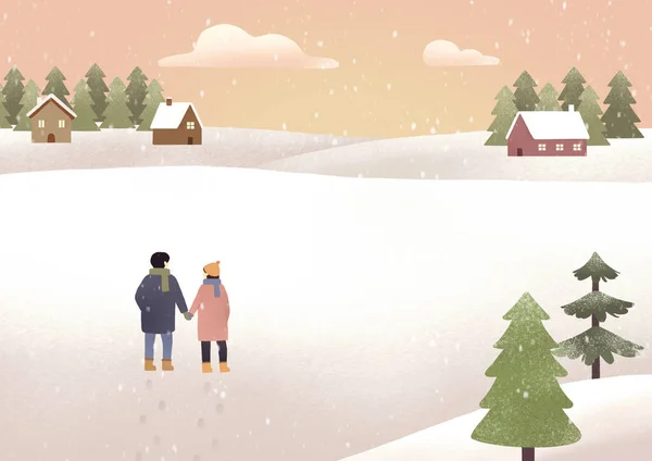 Pastel Winter Drawing Couple Walking Snow — Stockvektor