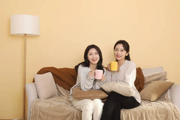 Azjatyckie Koreańskie Kobiety Spędzają Wysokiej Jakości Czas Herbata Wewnątrz Zimie — Zdjęcie stockowe