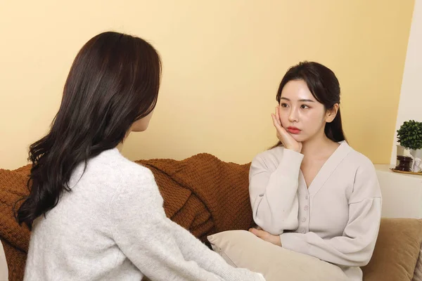 Asiático Coreano Mujeres Pasando Chitchat Tiempo Hablando Preocupaciones Problemas —  Fotos de Stock