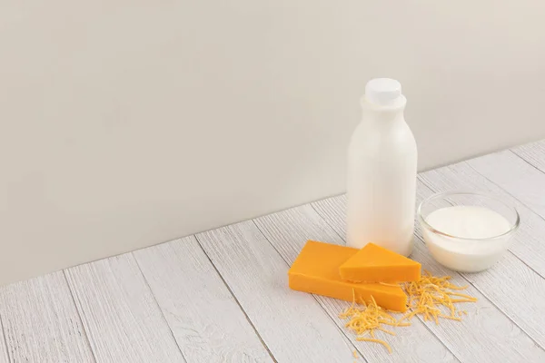 Milk Cheddar Cheese Yogurt Ivory White Wood Background — Stock Photo, Image