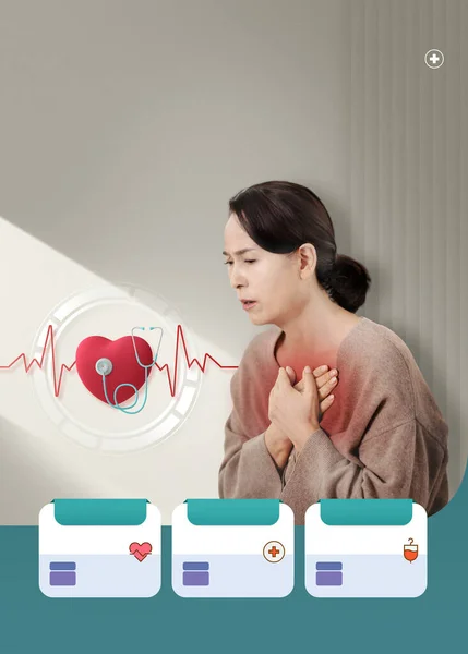 Cardiovascular Medical Poster Middle Aged Asian Woman Feeling Pain Heart — Stok Foto