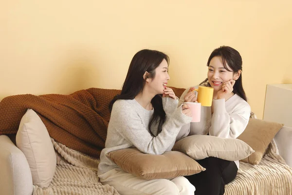 Azjatyckie Koreańskie Kobiety Spędzają Czas Herbata Wewnątrz Zimie Koncepcja — Zdjęcie stockowe
