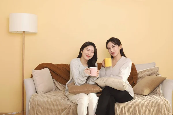 Asiático Coreano Mulheres Gastar Feliz Chitchat Chá Tempo Dentro Casa — Fotografia de Stock