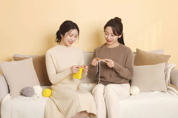 Azjatycki Koreański Kobiety Najlepsze Przyjaciele Cieszący Się Dziewiarstwo Hobby — Zdjęcie stockowe