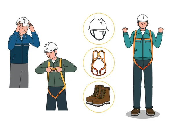Vektorová Ilustrace Skupiny Stavebních Dělníků Bezpečnostních Zařízení — Stockový vektor