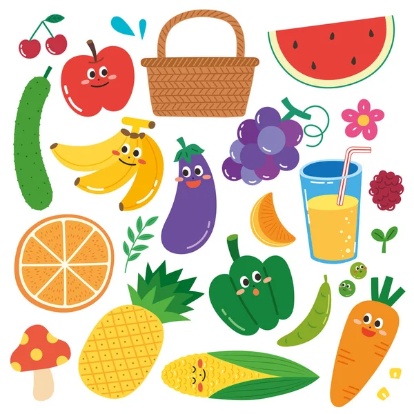 Set Fruits Vegetables Apple Healthy Eating Concept — Stock Vector