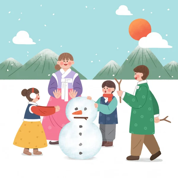 快乐的家庭制造雪人矢量图解背景 — 图库矢量图片