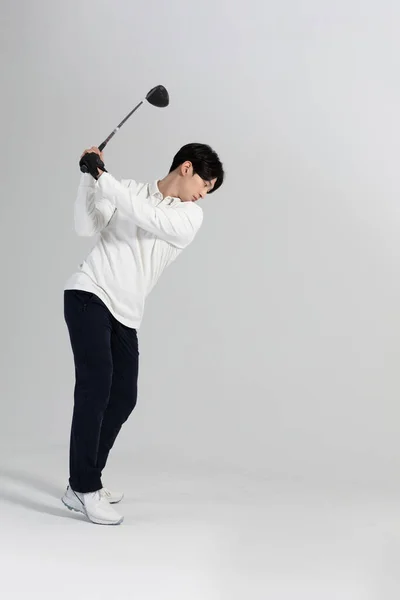 Giocatore Golf Asiatica Coreano Uomo Con Golf Club Studio — Foto Stock