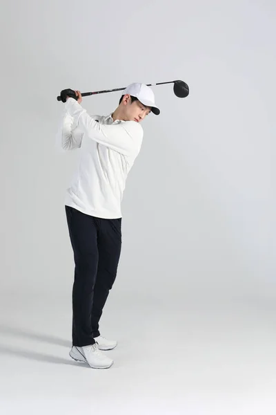 Giocatore Golf Asiatica Coreano Uomo Con Golf Club Studio — Foto Stock