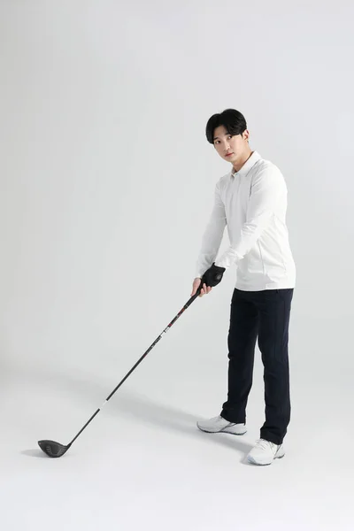 Golf Sports Player Homem Coreano Asiático Com Clube Golfe Estúdio — Fotografia de Stock