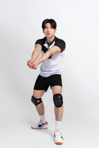 Jogador Esportes Voleibol Homem Coreano Asiático Com Arremesso Jogando Movimento — Fotografia de Stock