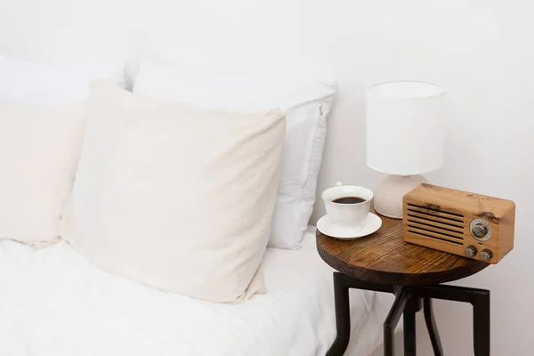 Entspannen Gemütliche Objekte Und Hintergrund Mit Bettwäsche Licht Kaffee Ein — Stockfoto