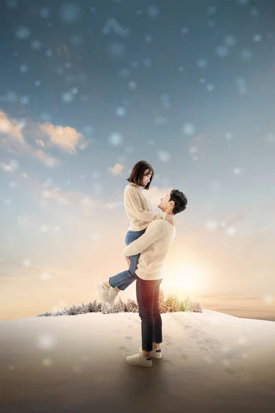 Asian Korean Couple Snowing Winter Background —  Fotos de Stock