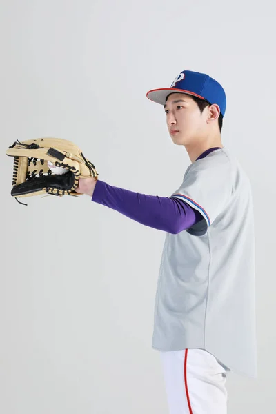 Baseball Sports Player Asiático Coreano Homem Jogando Recebendo Bola — Fotografia de Stock