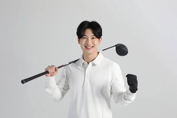 Golf Sports Player Homem Coreano Asiático Com Clube Golfe Estúdio — Fotografia de Stock