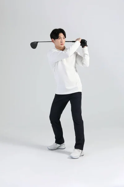 Jugador Deportes Golf Hombre Coreano Asiático Con Club Golf Estudio — Foto de Stock