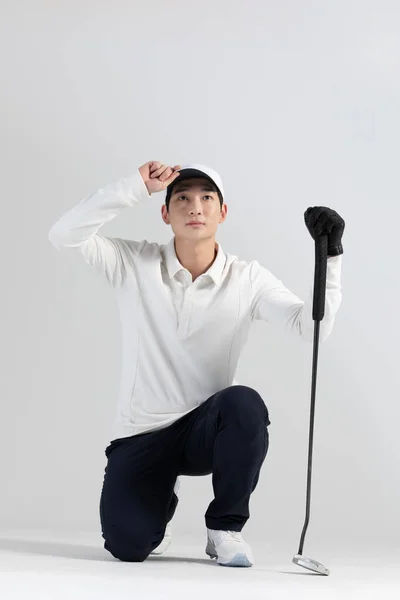 Golf Sports Player Homem Coreano Asiático Com Clube Golfe Estúdio — Fotografia de Stock