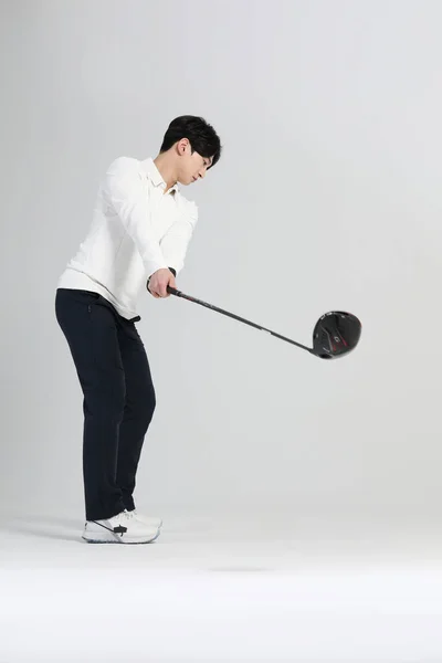 Jugador Deportes Golf Hombre Coreano Asiático Con Club Golf Estudio —  Fotos de Stock