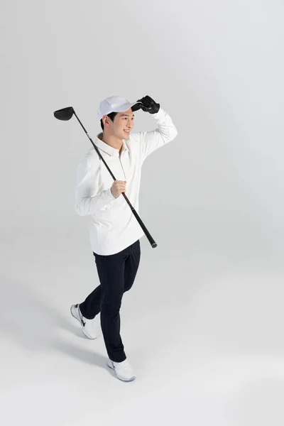 Golf Sports Player Homem Coreano Asiático Com Clube Golfe Estúdio — Fotografia de Stock