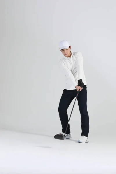 Giocatore Golf Asiatica Coreano Uomo Con Golf Club Studio — Foto Stock