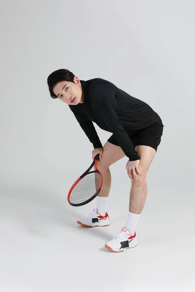 Joueur Sport Tennis Asiatique Coréen Homme Avec Raquette Studio — Photo