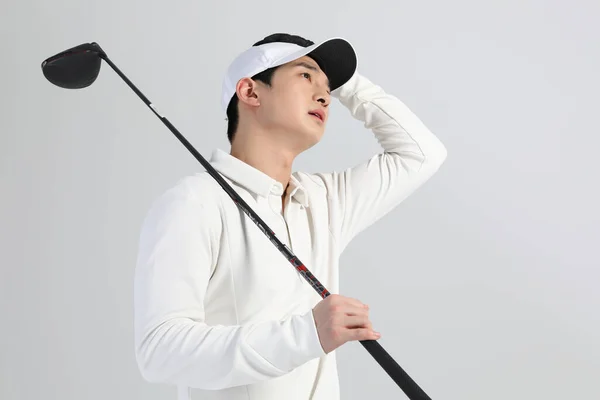 Golf Sports Player Homem Coreano Asiático Com Clube Golfe Estúdio — Fotografia de Stock