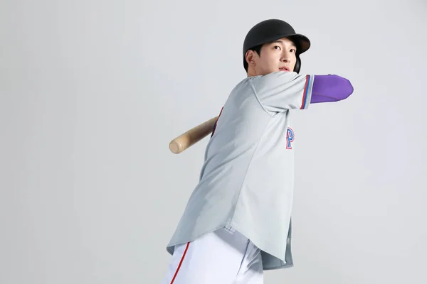 Baseballspieler Asiatischer Koreaner Mit Schläger — Stockfoto