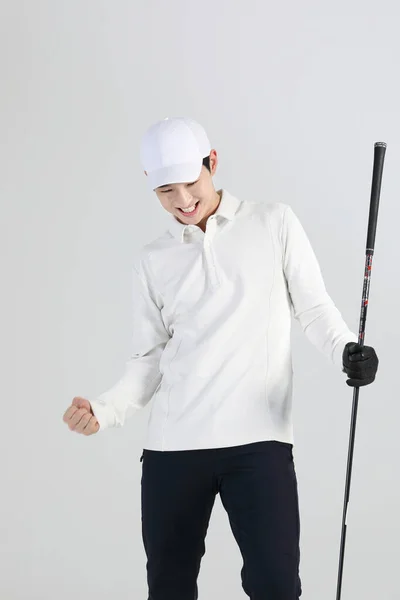 Golfový Sportovní Hráč Asijský Korejský Muž Golfovou Holí Studiu — Stock fotografie